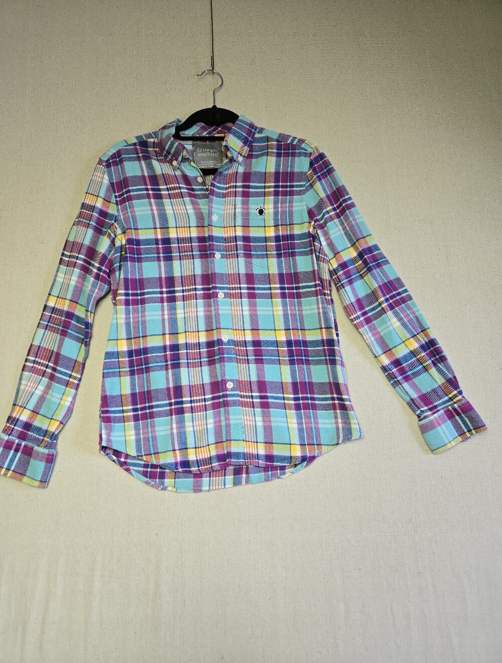 Simply Southern Plaid Button-Down Flannel Shirt - Aqua, Purple & Yellow